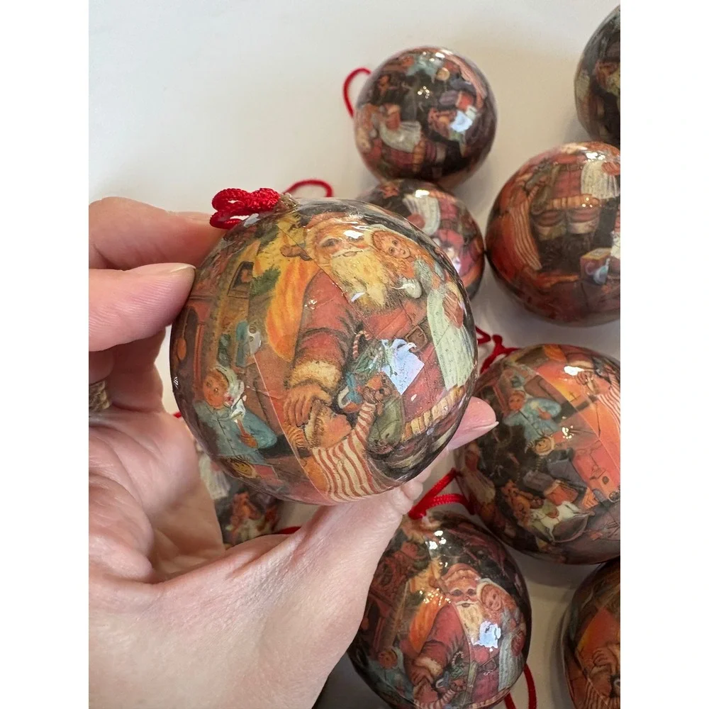 Vintage Decoupage Santa Toy Christmas Ornaments 20 ct Various Sizes Heart & Ball